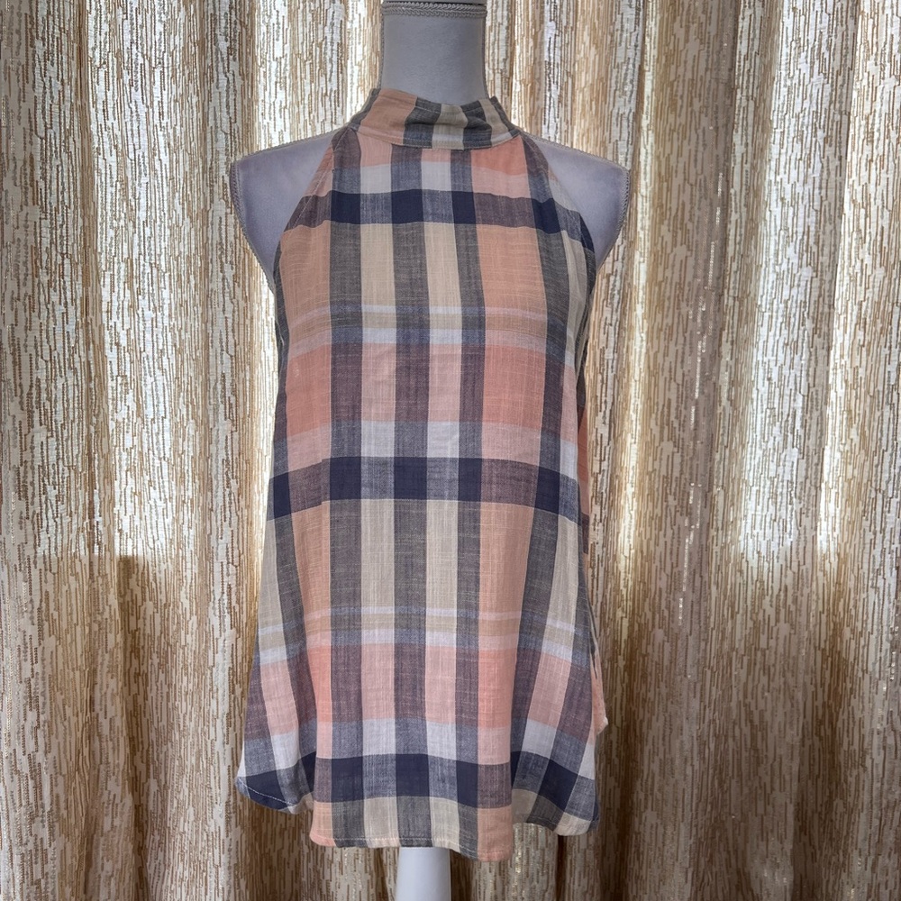 NWT Splendid Plaid Halter Neck Tank Top - Pink, Tan, Navy